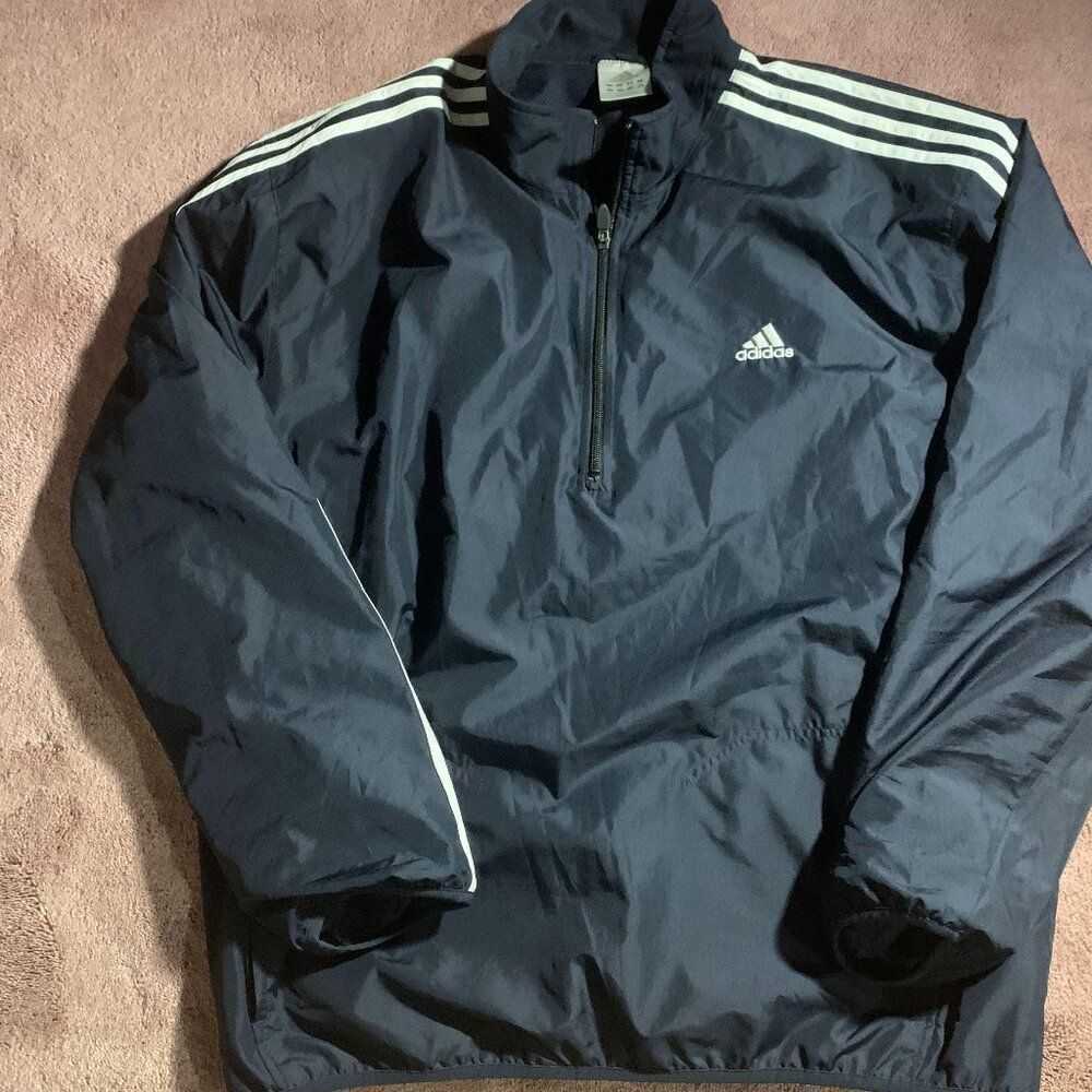 Adidas Mens 2XL Navy Blue 3-Stripe 1/4 Zip Windbreaker Pullover Jacket